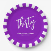 シンプル紫はっきりした白30歳の誕生日パーティー ペーパープレート (正面)