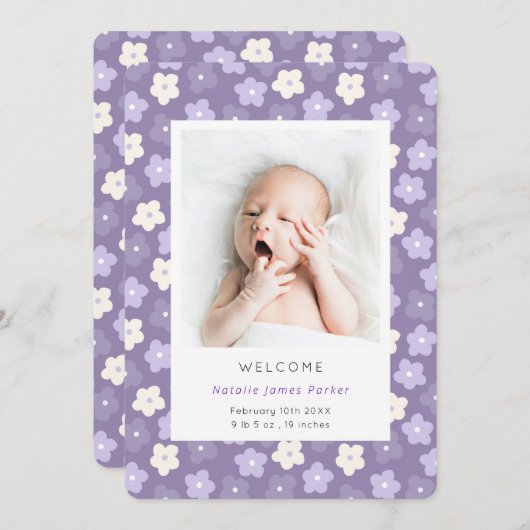 シンプル紫フローラ水彩誕生 案内状 (正面/裏面)