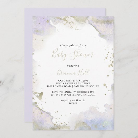 シンプル紫ミニマリスト赤ちゃんシャワー 招待状 (正面/裏面)