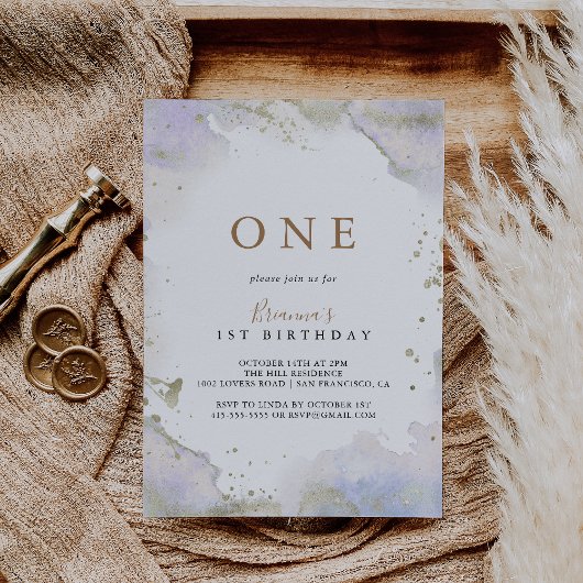 シンプル紫ミニマル第一誕生日パーティー 招待状