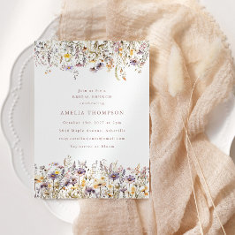 シンプル紫ワイルドフラワー縁どブライダルシャワー 招待状