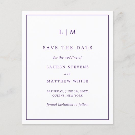 シンプル紫色の予算の結婚式の日付を保存 (正面)