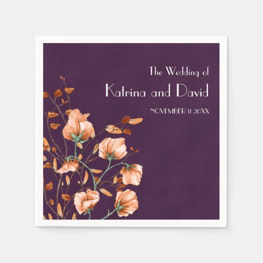 シンプル紫色バーントオレンジフローラ秋の結婚式 スタンダードカクテルナプキン (正面)