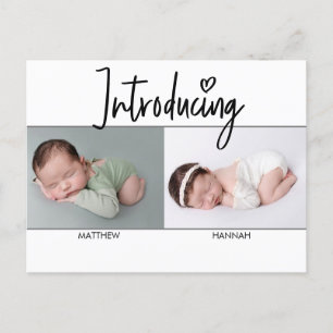 シンプル紹介Script Twins Boy and Girl誕生 案内ポストカード