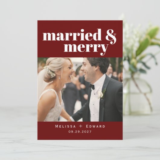 シンプル結婚したモダン結婚メリーの写真Red Th サンキューカード (スタンド正面)