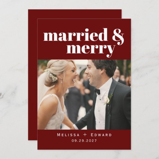 シンプル結婚したモダン結婚メリーの写真Red Th サンキューカード (正面/裏面)