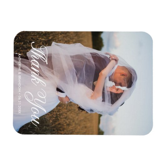 シンプル結婚の写真の名前と日付ありがとう マグネット (横)