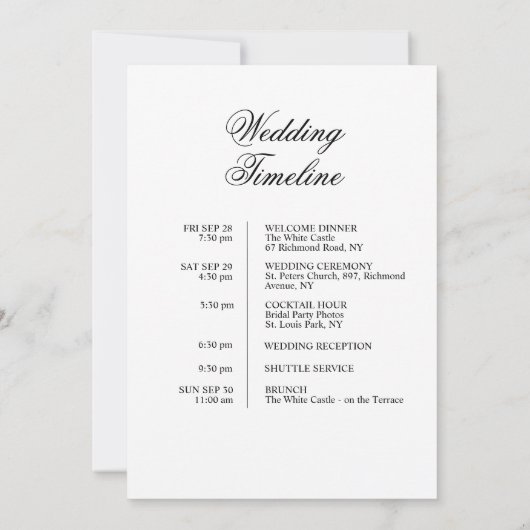 シンプル結婚の歓迎バッグレターとタイムラインカード 招待状 (裏面)