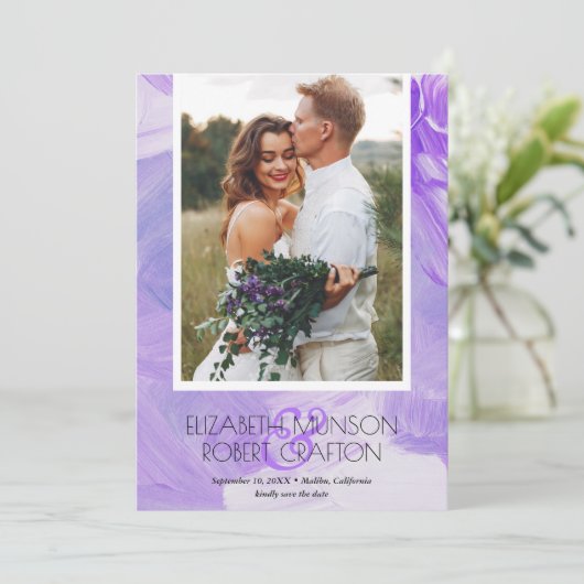 シンプル結婚スタイリッシュ写真の紫の日付を保存 セーブザデート (スタンド正面)