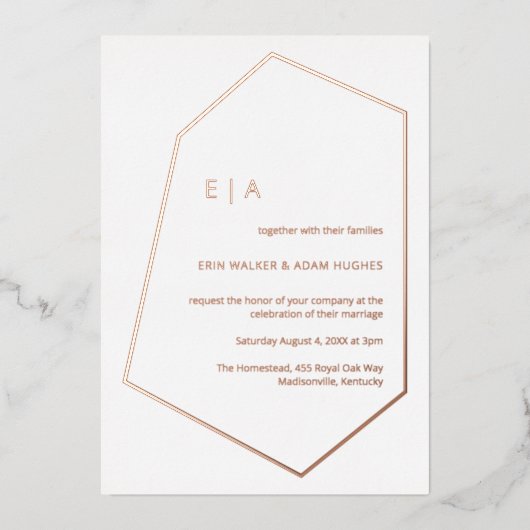 シンプル結婚ズGem幾何実在バラ金ゴールド 箔招待状 (正面)