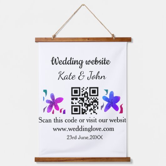シンプル結婚ミニマルWebサイトQ Rコード追加名y 吊り下げ型タペストリー (正面)