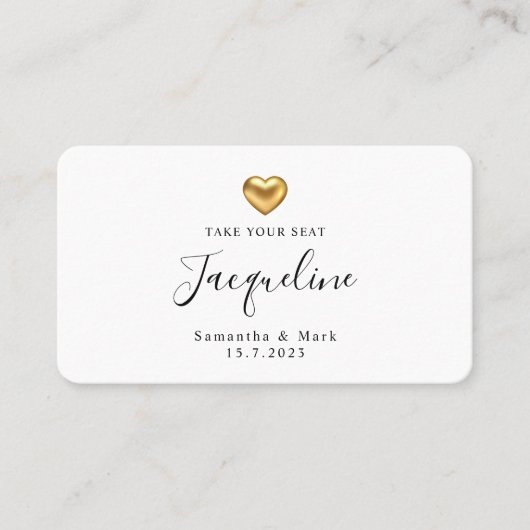 シンプル結婚モダン金ゴールドハートフラット座席表 プレイスカード (正面)