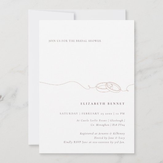 シンプル結婚リングや輪 | 赤面ピンクブライダルシャワー 招待状 (正面)