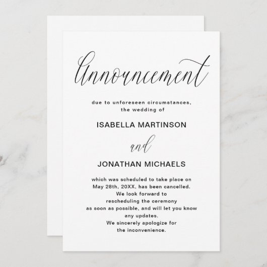 シンプル結婚取消発表 案内状 (正面/裏面)