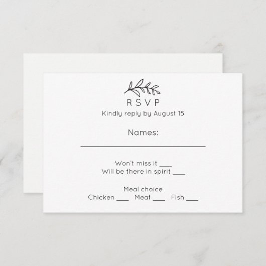 シンプル結婚式の出欠。白黒の応答カード 出欠カード (正面/裏面)