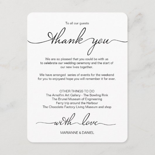 シンプル結婚週末の旅程お気に入りバッグへようこそ エンクロージャーカード (裏面)