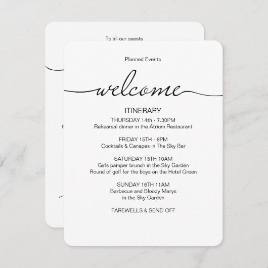 シンプル結婚週末の旅程お気に入りバッグへようこそ エンクロージャーカード (正面/裏面)