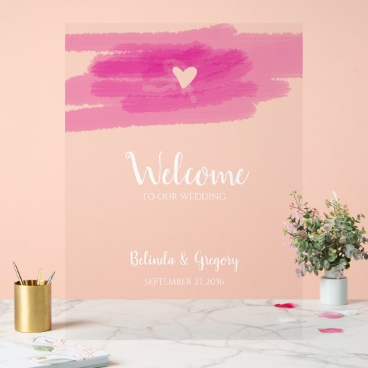 シンプル絵を描線とハート結婚のウェルカムサイン アクリルサイン (ウェディング)