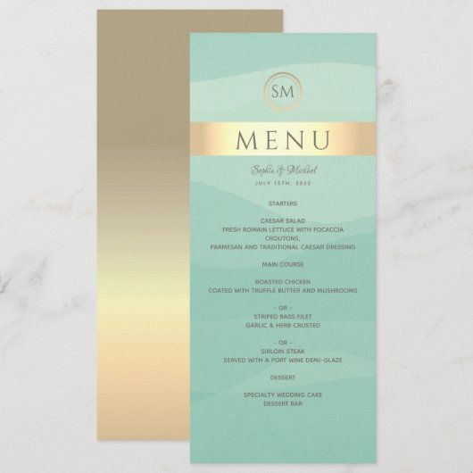 シンプル緑と金ゴールドのメ結婚ニュー メニュー (正面/裏面)
