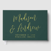 シンプル緑と金箔のスクリプト写真結婚の ゲストブック (正面)