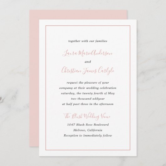 シンプル縁どフォーマル赤面ピンクエレガントウェディング 招待状 (正面/裏面)