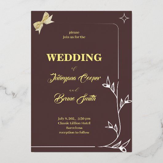 シンプル縁ど枝WETHリボロンデザイン 箔招待状 (正面)