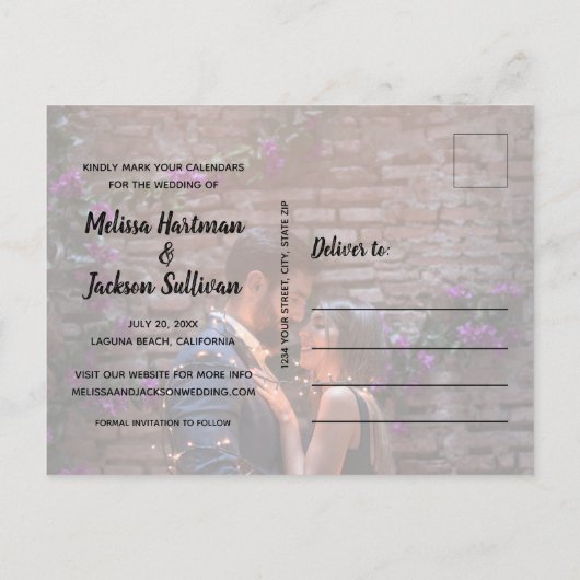 シンプル縁どOverlay Photo Wedding日付を保存 案内ポストカード (裏面)