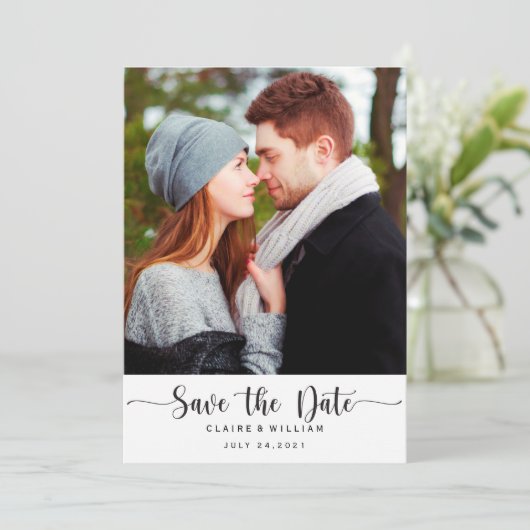 シンプル縦型エレガント写真日付カードの保存 セーブザデート (スタンド正面)