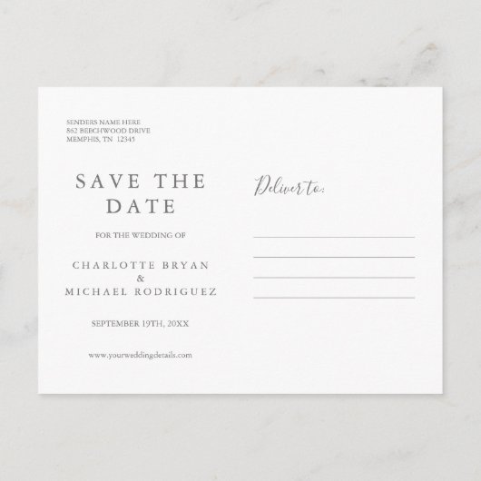 シンプル署名エレガントスクリプト日付カードの保存 案内ポストカード (裏面)