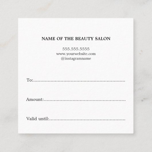 シンプル美しいエレガントサロンギフトカード スクエア名刺 (裏面)