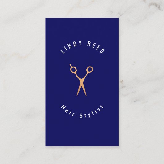 シンプル美容師モダン金ゴールドシザーネイビーブルー 名刺 (正面)