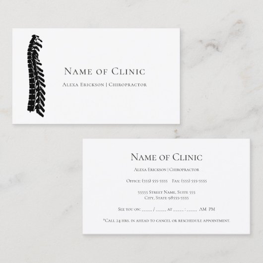 シンプル背カイロプラクターアポイントメントアラーム 予約カード (正面/裏面)