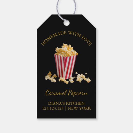 シンプル自家製キャラメルポップコーンつるラベルlブラック ギフトタグ (正面)