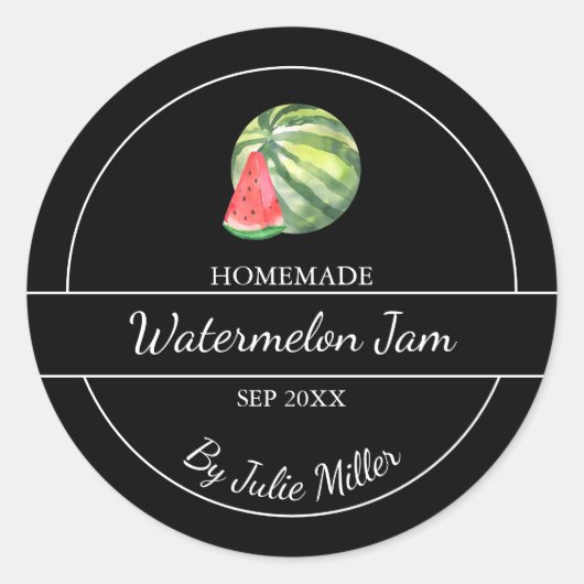 シンプル自家製スイカジャムラベル |黒 ラウンドシール (正面)