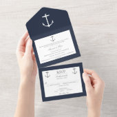 シンプル航海の結婚いかり | ネイビーブルー オールインワン招待状 (貼ってはがせる)