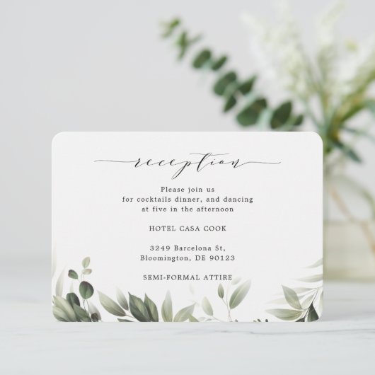 シンプル色あせた緑のユーカリ披露宴カード エンクロージャーカード (スタンド正面)