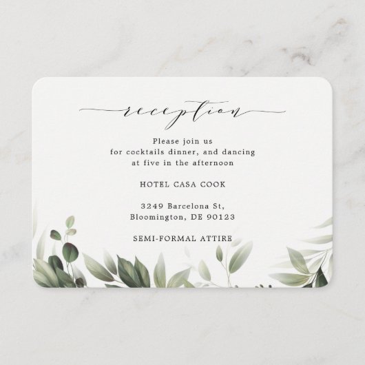 シンプル色あせた緑のユーカリ披露宴カード エンクロージャーカード (正面)