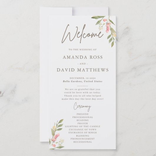 シンプル花エレガントな結婚式プログラム (正面)