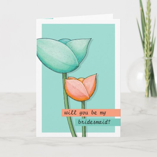 シンプル花ティール（緑がかった色）オレンジBe My Bridesmaid Card 招待状 (正面)