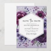 シンプル花パープルフローラ結婚ズ セーブザデート (正面/裏面)