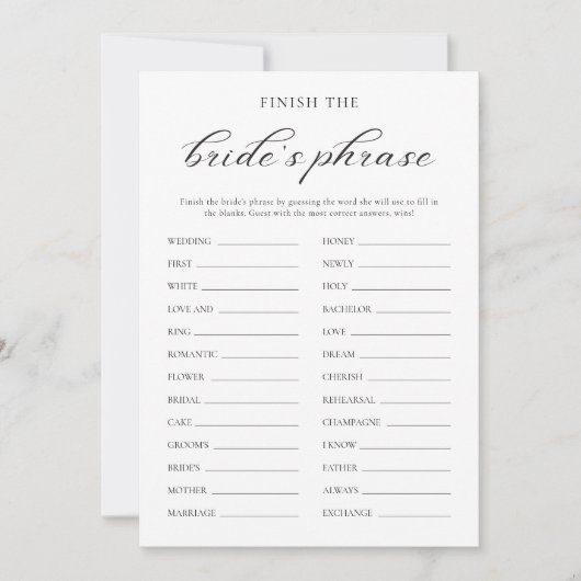 シンプル花嫁のフレーズをブライダルゲームカードを完成させる 招待状 (正面)