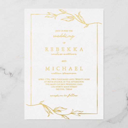シンプル葉エレガント白結婚の実在意見 箔招待状 (正面)