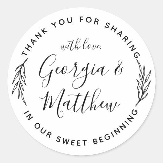 シンプル葉Script Names Round's 結婚 Thank You ラウンドシール (正面)