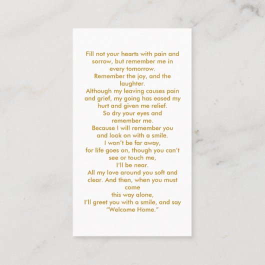 シンプル葬儀写真金ゴールド記念祈りの言葉カード 名刺 (裏面)