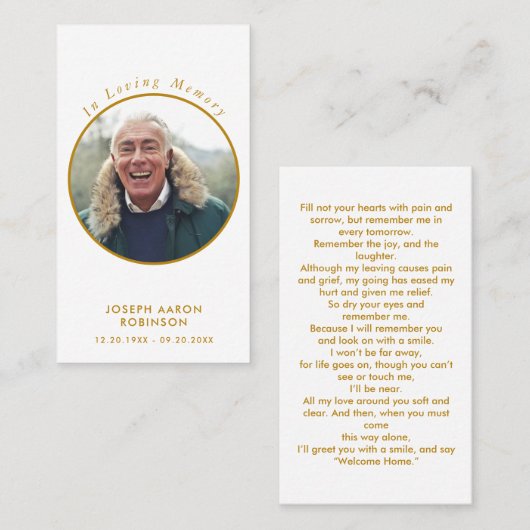 シンプル葬儀写真金ゴールド記念祈りの言葉カード 名刺 (正面/裏面)