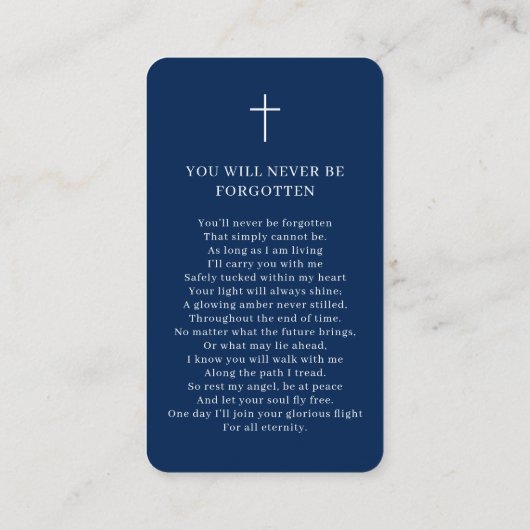 シンプル葬儀記念ブルー祈りの言葉フォトカード 名刺 (裏面)