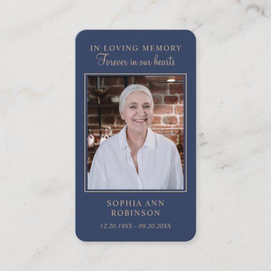 シンプル葬儀記念写真ブルー祈りの言葉カード 名刺 (正面)