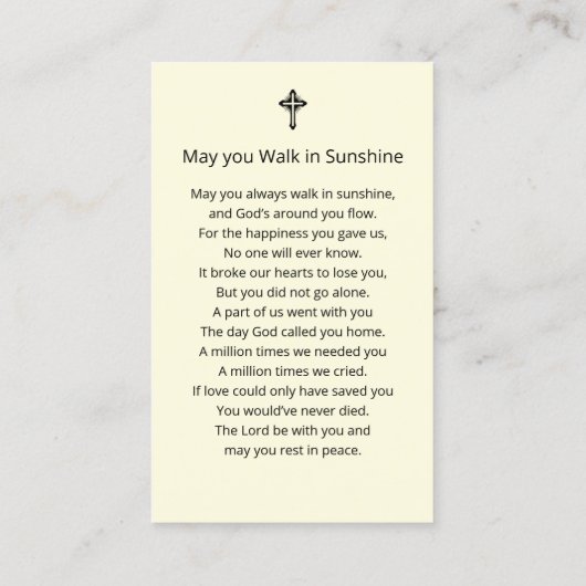 シンプル葬儀記念写真祈りの言葉カード 名刺 (裏面)