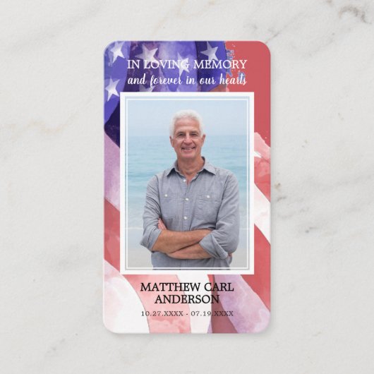 シンプル葬儀記念写真米国国旗の祈りの言葉カード 名刺 (正面)