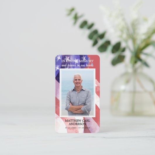 シンプル葬儀記念写真米国国旗の祈りの言葉カード 名刺 (スタンド正面)